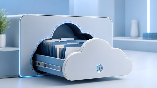 3D Cloud Storage Concept With Open Drawer Revealing File Folders And Security Lock