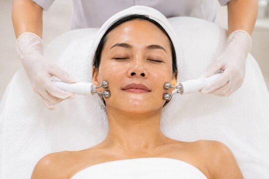 Asian woman receiving microcurrent facial treatment in spa