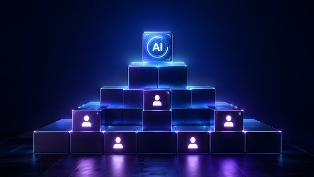 Glowing Artificial Intelligence Cube At Top Of Pyramid Above Human Workforce Cubes In Technology Concept