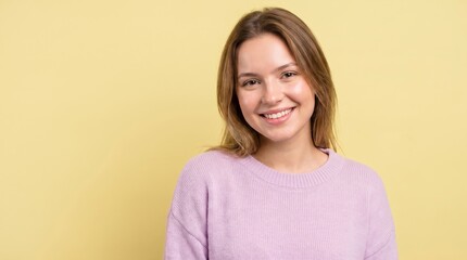 Fototapeta premium Portrait of a smiling young woman with curly hair wearing a pink sweater on yellow background
