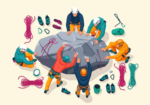 Team of rock climbers scaling a boulder together