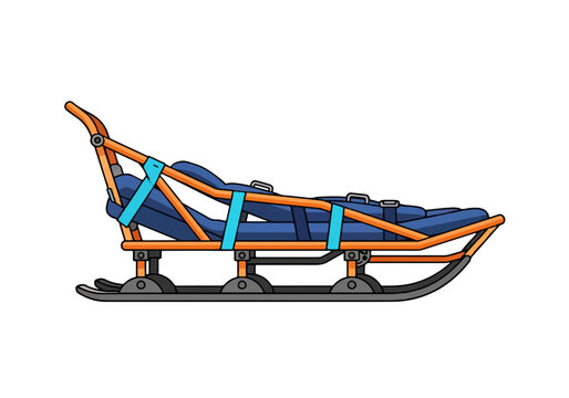Traditional wooden sled with blue straps and metal runners