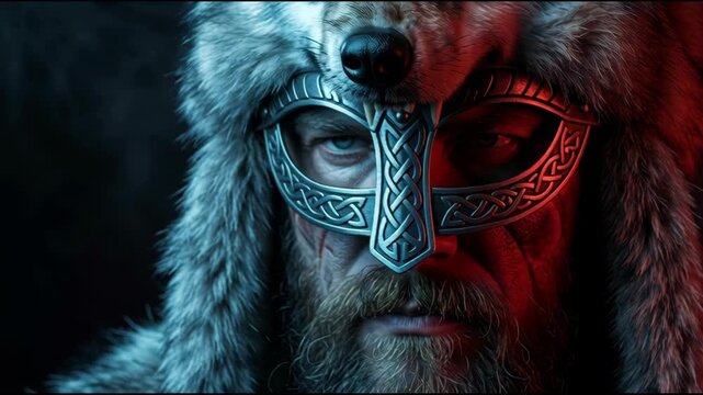 Close up Viking warrior in wolf pelt fur hat with blue and red light