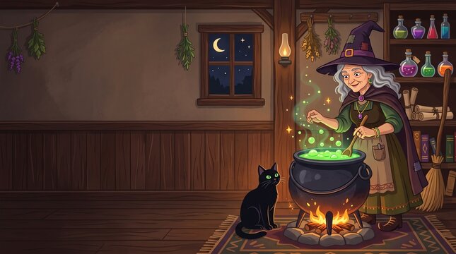 witch brewing glowing potion in cauldron with black cat copy space vector illustration