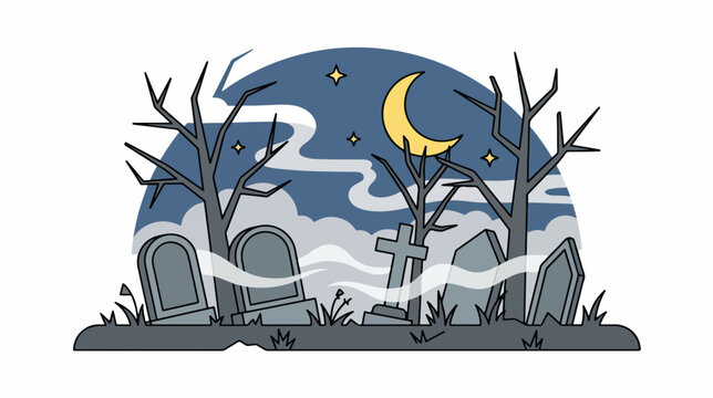 Spooky graveyard scene with fog and crescent moon. Halloween night flat design vector illustration