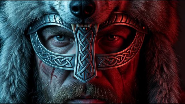 Close up Viking warrior in wolf pelt fur hat with blue and red light