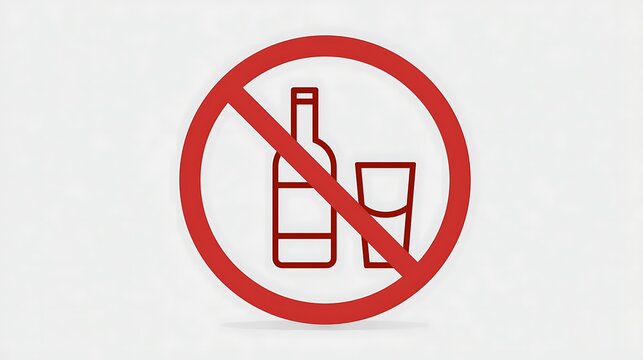 A red prohibition sign with alcohol icon isolated on white background. Symbol for no drinking or alcohol ban.