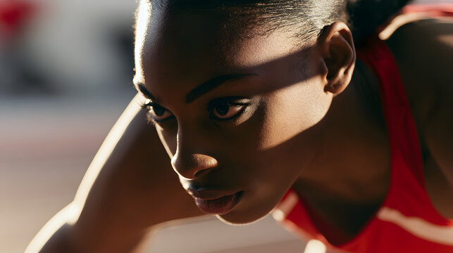 a black female track and field runner in red athletic wear, positioned at the starting line of an indoor race illuminated by soft light, her face casting long shadows