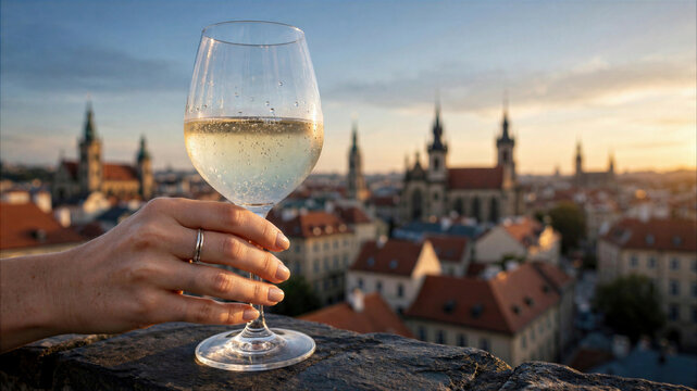 Woman's hand holding a glass of chilled white wine overlooking the Prague cityscape at sunset with the Church of Our Lady before Tyn in the background, Czech Republic.