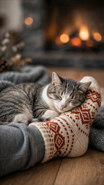 A cute grey tabby cat sleeping peacefully on a person's feet wearing cozy patterned wool socks by a warm fireplace in winter