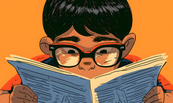 A depiction of a virtuous child reading a newspaper while wearing glasses