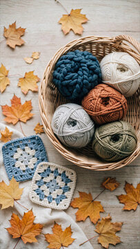 Autumn crochet craft scene with colorful yarn balls in a wicker basket, maple leaves, and granny squares on a wooden surface. Cozy fall hobby and knitting project background.