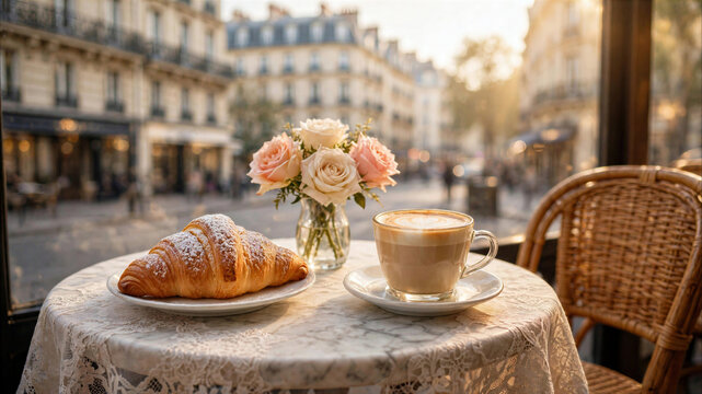 French breakfast with fresh croissant and cappuccino on a Parisian cafe terrace at sunrise with roses