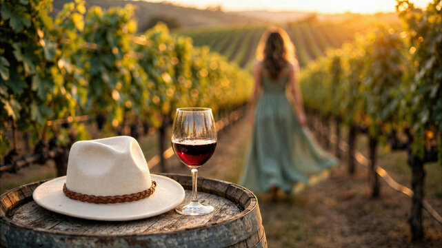 A glass of red wine on a rustic wooden barrel with a woman walking through a vineyard at sunset