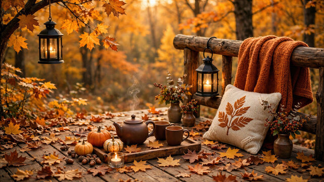 Cozy autumn tea setting on wooden deck with pumpkins, lanterns, and golden fall foliage.