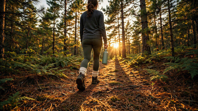 Back view of active woman walking through pine forest trail during golden hour sunset holding water bottle for hiking adventure