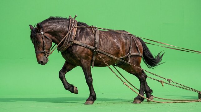 Realistic horse on greenscreen pulling an invisible treasure chest across the ground with great effort; a powerful dark brown draft horse in full leather harness and chains.