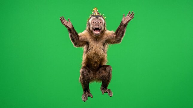 Realistic monkey greenscreen celebrating a jackpot win by throwing invisible money into the air while wearing a party hat, happy primate jumping on chroma key background