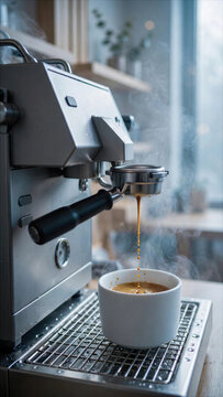 Professional Espresso Machine Brewing Fresh Coffee into White Cup with Steam