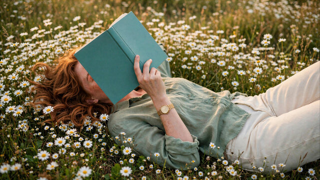 Redheaded woman lying in a daisy meadow reading a book during golden hour, peaceful summer leisure and lifestyle.