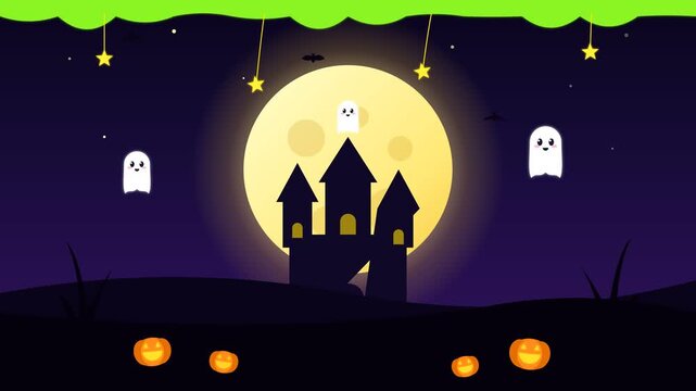 Cute Halloween Flat Design Castle with Friendly Floating Ghosts and Moon