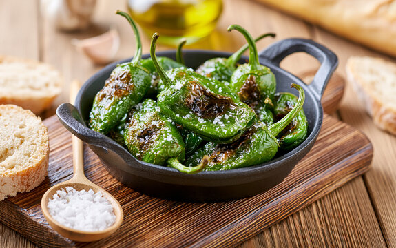 Authentic Spanish padron peppers with salt and olive oil on frying pan on a wooden table