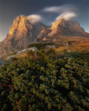 View of the rugged peaks of Gran Sasso at Prati di Tivo illuminated by golden hour light with lenticular clouds and alpine shrubs in the foreground, Prati di Tivo, Abruzzo, Italy.