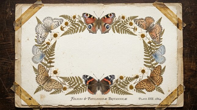 Vintage butterfly specimen frame on aged paper