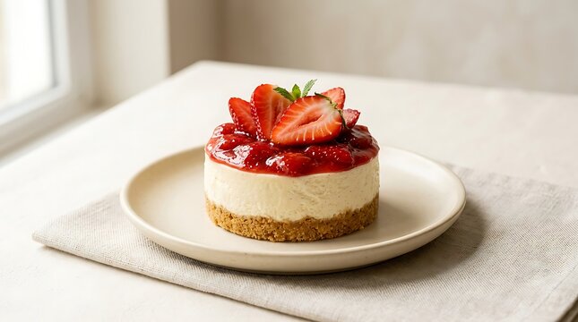 Mini strawberry cheesecake on a white plate