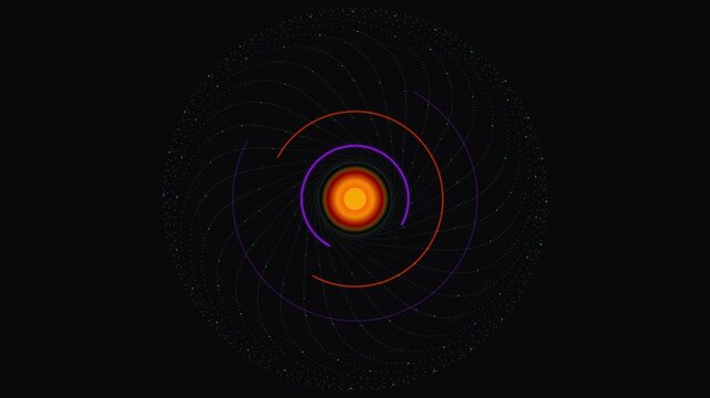 Glowing orange digital core surrounded by concentric purple orbital rings on dark technical background creating futuristic mystery mood