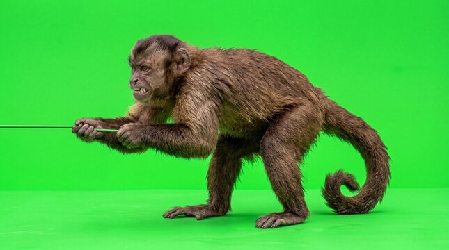 Realistic monkey on greenscreen pulling an invisible rope with great effort in a dramatic action pose, capuchin monkey showing teeth and determination on chroma key background.