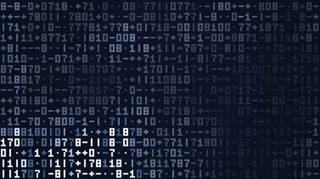 Abstract digital code matrix background with glowing white numbers on dark blue screen in mysterious futuristic technology environment
