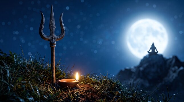 an ancient trident stuck in grassy ground with a single glowing clay diya lamp