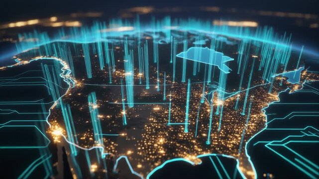 青い州境と金色の都市光が輝くアメリカの立体地図が暗闇に浮かぶ
