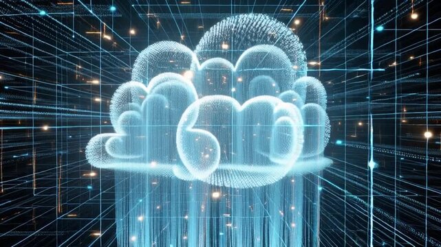 Digital cloud computing in a futuristic network with glowing light streaks, representing data transfer and storage in the cloud.