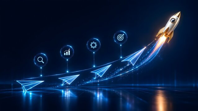 Paper airplanes transforming into a golden rocket ship taking off with glowing tech icons illustrating business startup growth