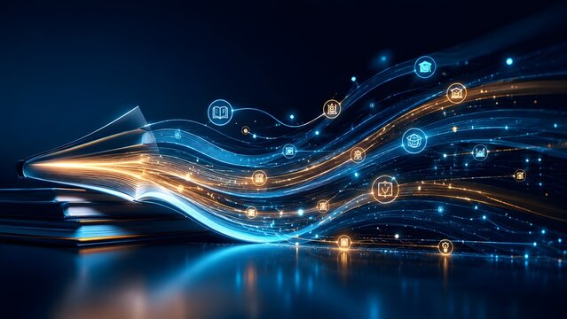 Open book transforming into glowing digital light streams with educational icons symbolizing e-learning and edtech
