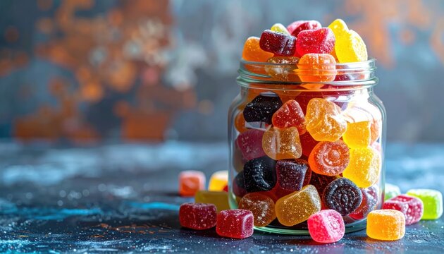 Assorted sugar coated jelly candies in transparent jar