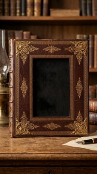 Vintage leather book with ornate gold frame on desk.