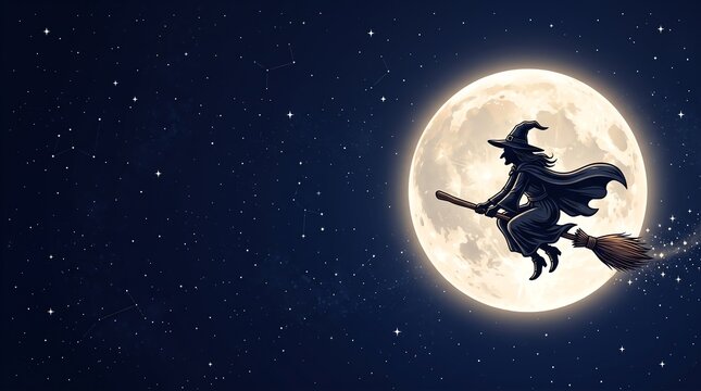 witch flying on broomstick across full moon copy space vector illustration