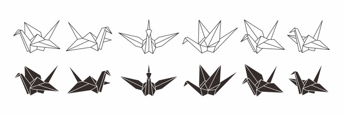 Obraz premium Origami Paper Crane Vector Icon Set, Minimalist Geometric Japanese Bird Line Art and Silhouette Collection Isolated on White Background