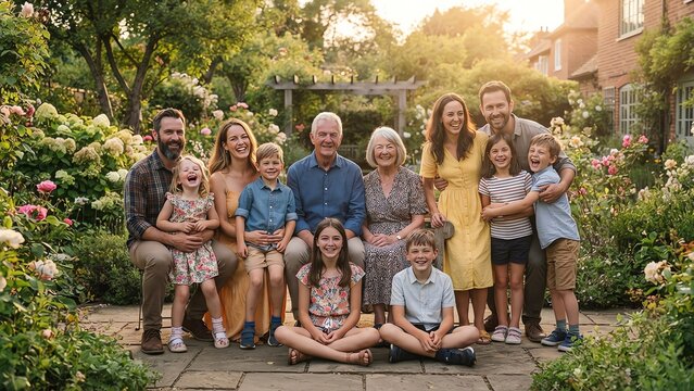 Multi-generational family portrait posing together in a beautiful summer garden at sunset.