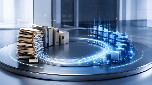 Circular platform showing the evolution of messy physical documents turning into organized glowing digital folders representing efficient data archiving