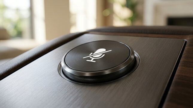 Close up of an illuminated mute button with a microphone symbol on a wood and metal console. Modern electronic device control switch in a bright interior