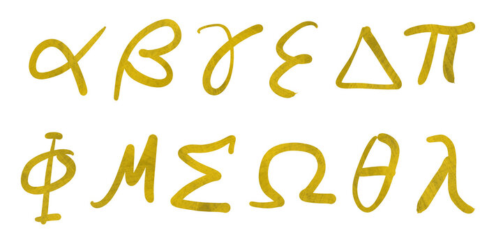 Set of isolated Greek alphabet in gold textured surface, often used in scientific needs. 