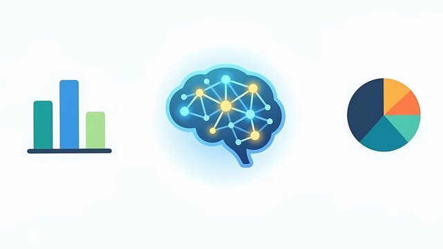 Modern data analytics illustration featuring bar charts, pie chart, and an artificial intelligence brain concept. Represents data analysis, business intelligence, statistics and machine learning