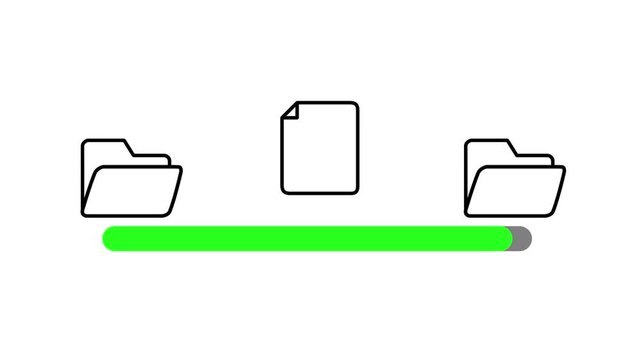 File sharing animation showing document moving between two folders with progress bar. Ideal for data migration and backup concepts.