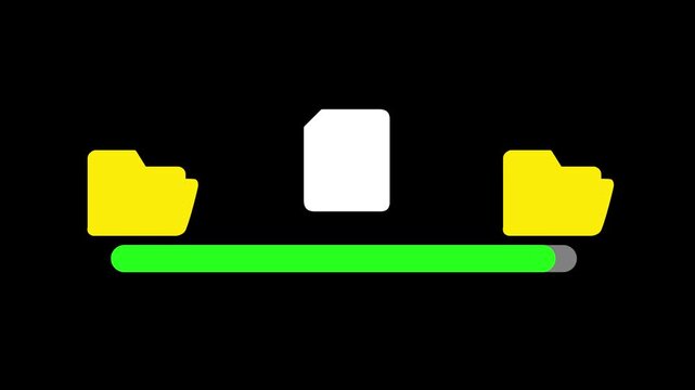 Data transfer progress animation with folder and document icons on dark background. Perfect for UI design, web, and tech projects.