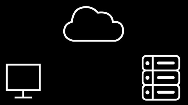 Cloud computing animation showing data transfer between computer, cloud network, and server racks on dark background.