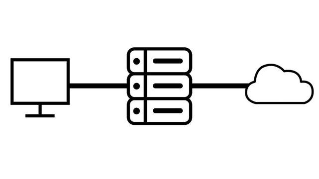 Outline animation showing data connection between a computer monitor, server stacks, and cloud storage on white background.
